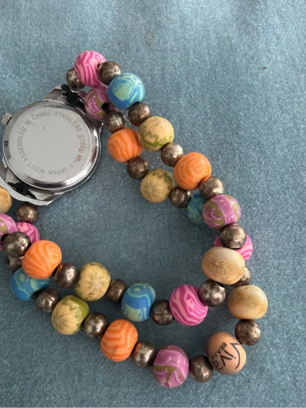 Multicolor Beaded Stretch Bracelet Watch - Pink, Blue, Orange, Yellow